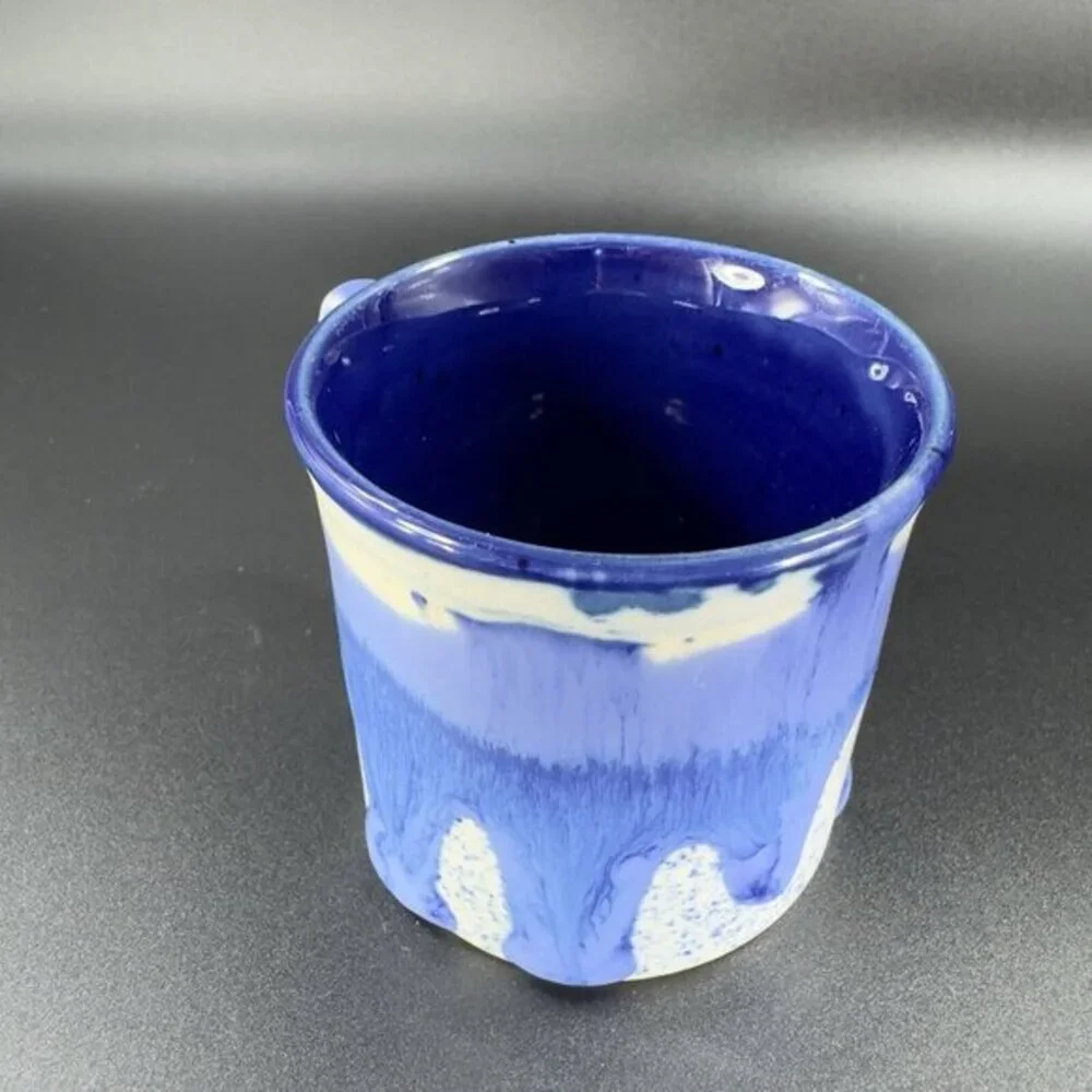 Vintage 1980s Blue Drip‎ Glaze Pottery Coffee Mug Cup Set 2 Hand Made Stoneware